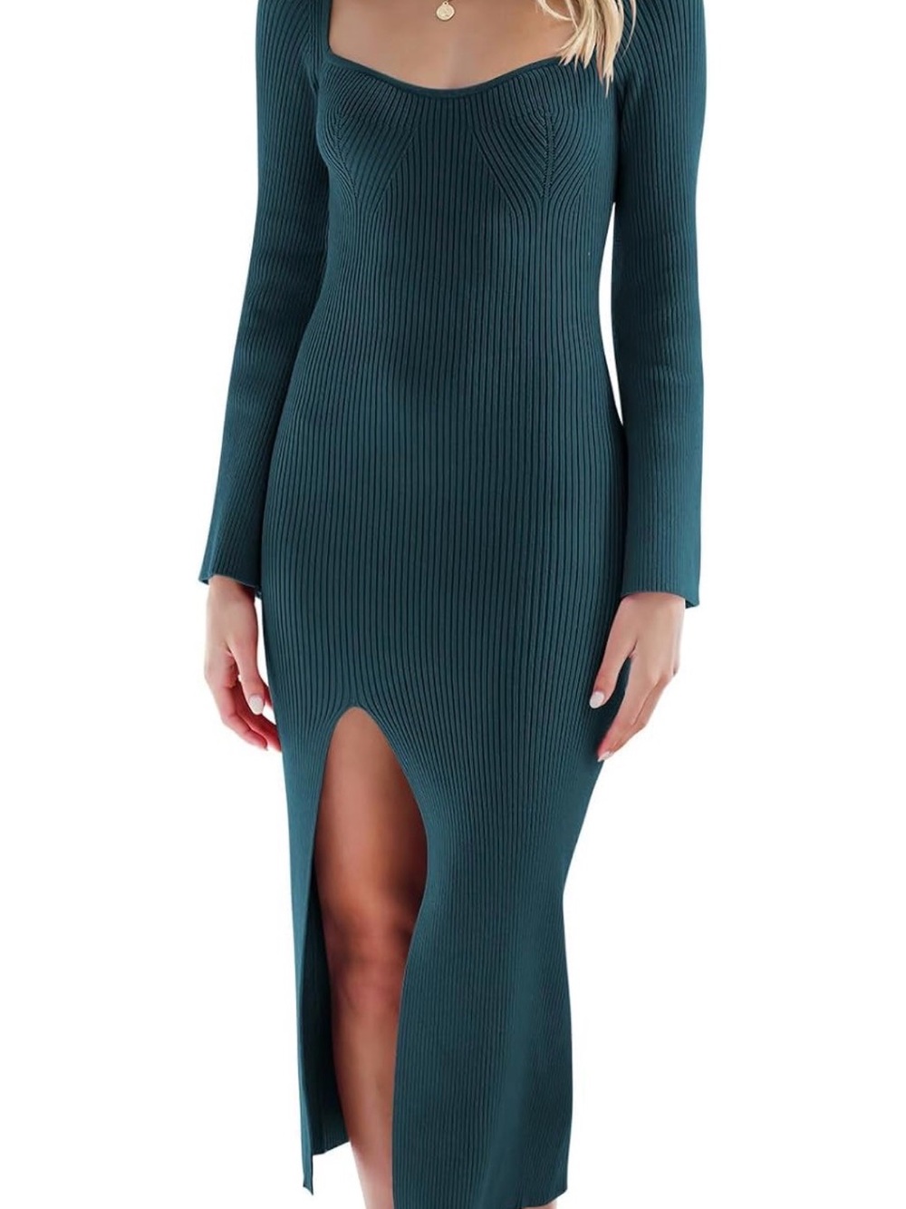 Fitted Long-Sleeve Teal Ribbed Midi Sweater Dress with Front Slit